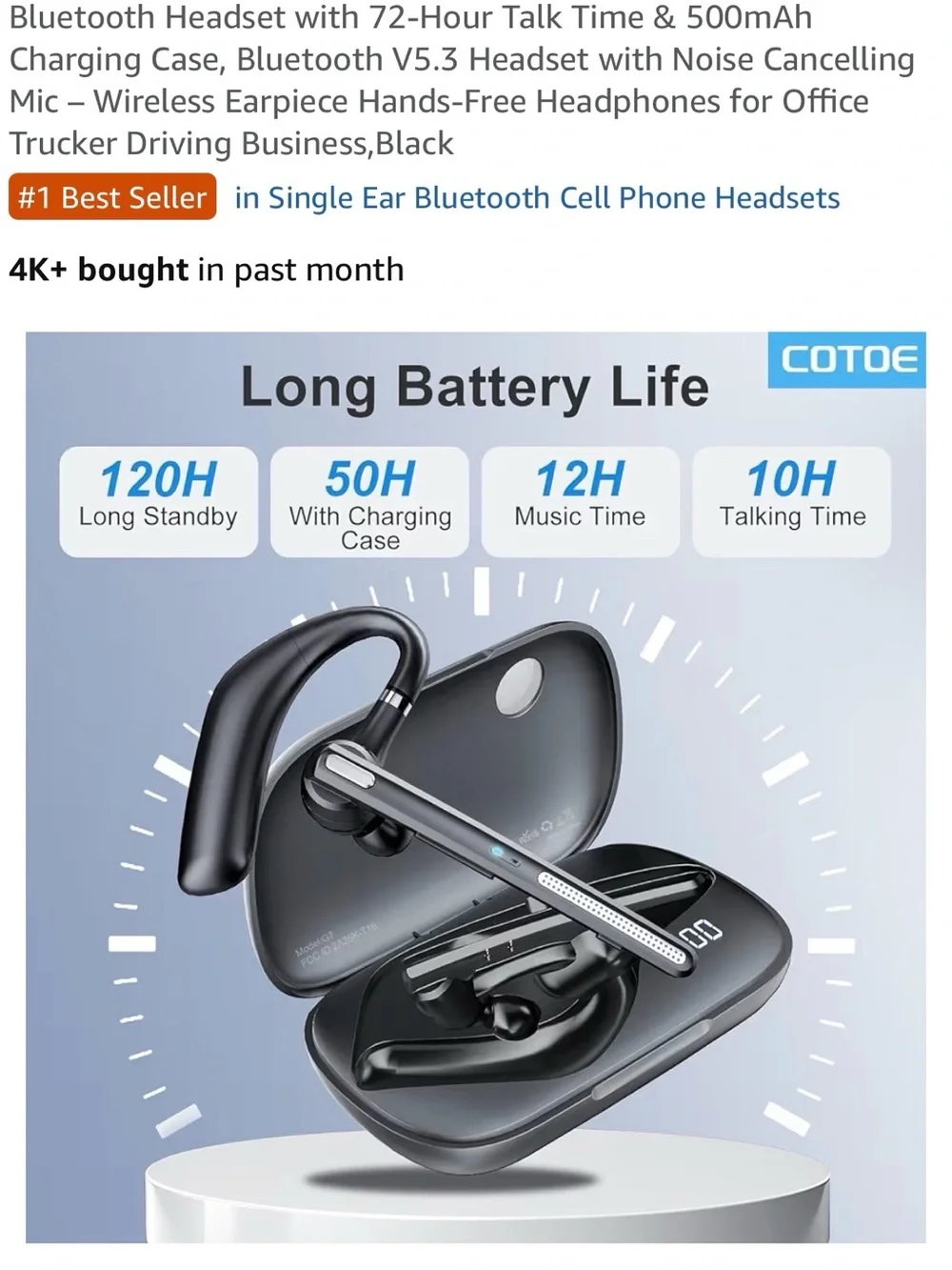 GB Bluetooth Mono Headset with LED Charging Case. New
